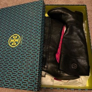 Tory Burch Black Riding Boots with Gold Logo size 9